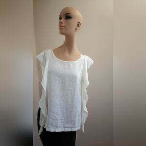 Ellen Margaret Moody Women's Size Small 100% Linen White Ruffle Side Blouse